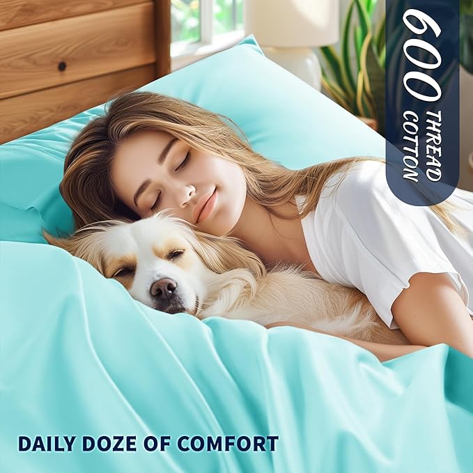 Shilucheng 100% Cotton Sheets Set - 600 Thread Count，Luxury Egyptian Cotton Bed Sheets，5-Star Hotel Quality Sheets, Breathable & Cooling, 16 Inch Deep Pocket - 4 Piece (Seafoam, Full) - LeafyLoom