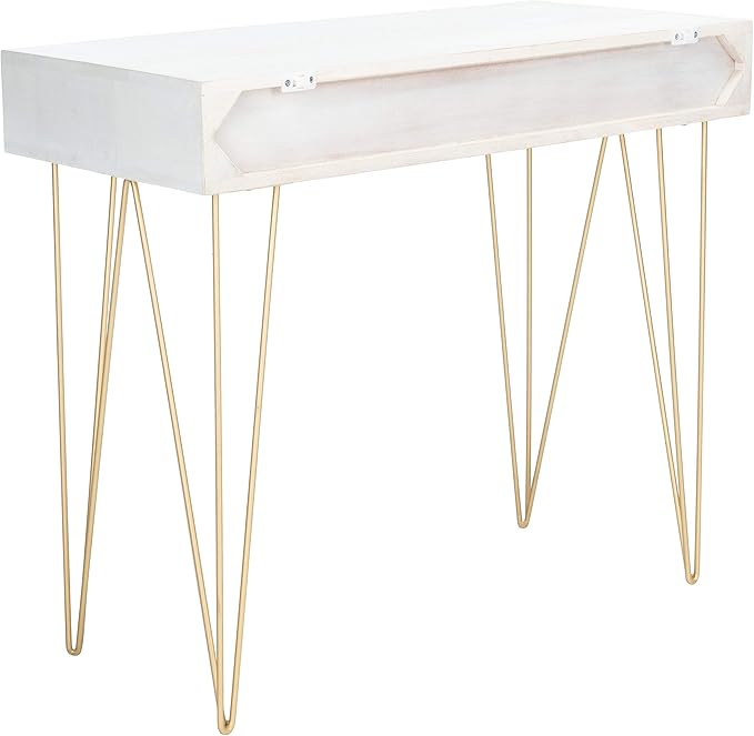 Safavieh Home Office Collection Marigold White Wash and Brass 1-Drawer Hairpin Leg Desk, 0 - LeafyLoom