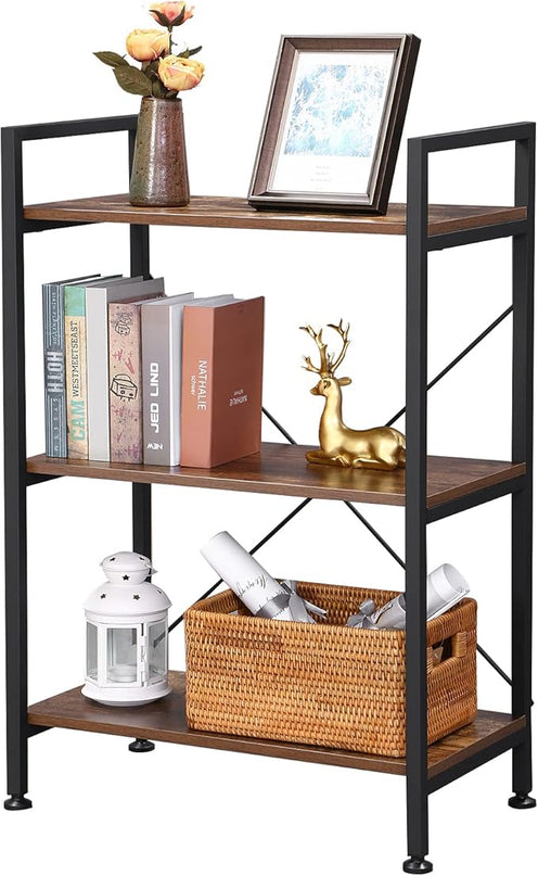 BEWISHOME 3 Tier Bookshelf, Rustic Small Book Shelf for Small Spaces, Brown Wooden Shelves for Bedroom Living Room and Home Office, 13.58" D x 24.21" W x 37" H, JCJ32Z - LeafyLoom