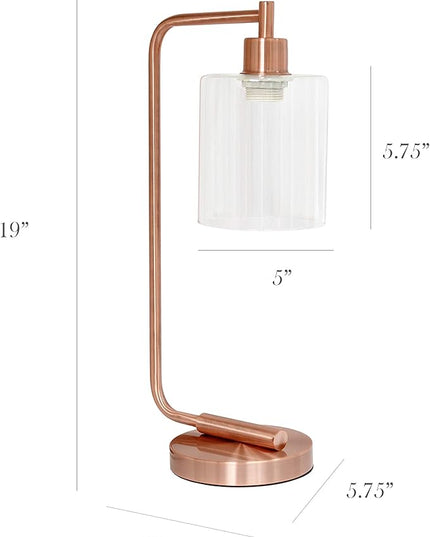 Simple Designs LD1036-RGD Bronson Antique Style Industrial Iron Lantern Desk Bedside Glass Shade Table Lamp, Rose Gold - LeafyLoom
