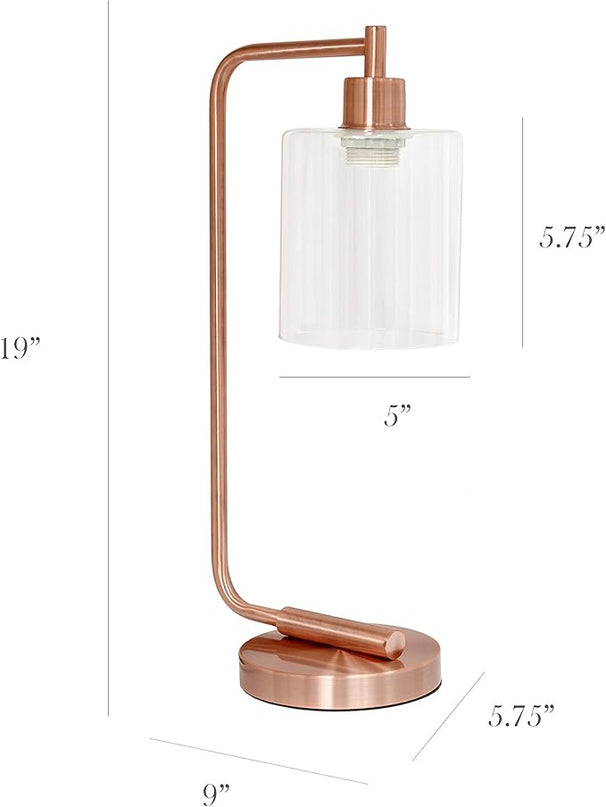 Simple Designs LD1036-RGD Bronson Antique Style Industrial Iron Lantern Desk Bedside Glass Shade Table Lamp, Rose Gold - LeafyLoom