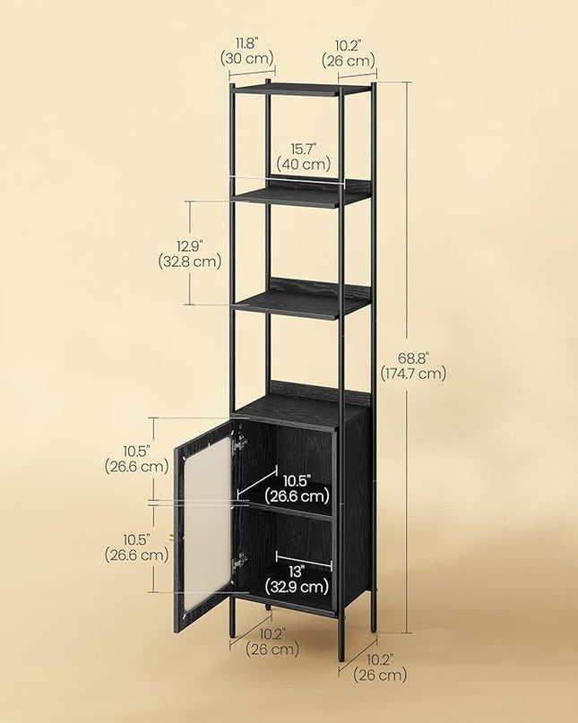 VASAGLE 6-Tier Bookcase, Slim Bookshelf with PC Door, Freestanding Storage Shelf with Metal Frame, Adjustable Shelf, for Living Room, Ebony Black and Matte Black ULLS123B56 - LeafyLoom