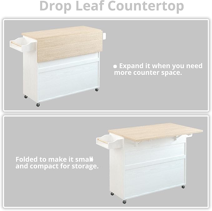 IRONCK Rolling Kitchen Island Cart with Drop-Leaf and Wine Rack, Microwave Rack Serving Cart on Wheels with Drawer & Shelves & Spice Rack & Cup Hanging, White - LeafyLoom
