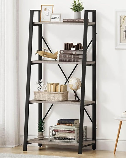 BON AUGURE Rustic Ladder Bookshelf, 4 Tier Industrial Ladder Shelf Bookcase, Standing Leaning Book Shelves for Living Room (Dark Gray Oak) - LeafyLoom