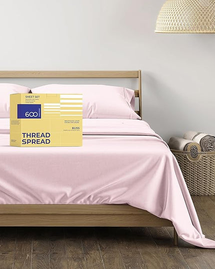 THREAD SPREAD Luxury Egyptian Cotton Sheets Twin XL Size - 600 Thread Count 3 PC Twin XL Sheets Deep Pockets, Soft, Cooling Extra Long Staple Sateen Weave College Dorm Bedding Twin XL - Blush - LeafyLoom