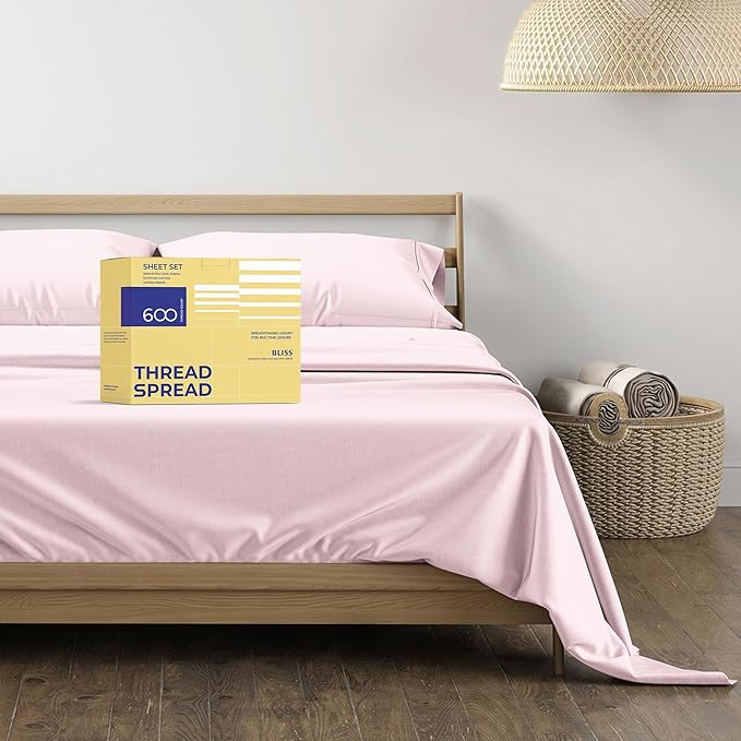 THREAD SPREAD 100% Egyptian Cotton Split King Sheets Sets for Adjustable Bed - 600 Thread Count 5 PC Top Split King Sheets, 16" Deep Pocket Soft Cooling Sheets for Split King Adjustable Bed - Blush - LeafyLoom