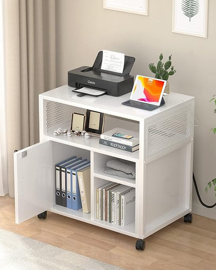 Unikito Rolling File Cabinet Lateral Office Filing Cabinets with Socket and USB Charging Port, Modern Printer Stand on Wheels, Printer Cabinet with Door and Open Storage, Lockable, White - LeafyLoom