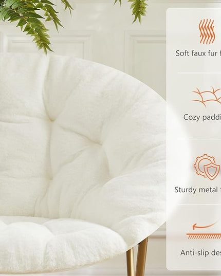 Sweetcrispy Comfy Saucer Chairs Faux Fur Lounge for Bedroom Living Room Flexible Folding Seating for Kids Teens Adults, Soft Padded and Metal Frame Modern for Home Office, X-Large White - LeafyLoom