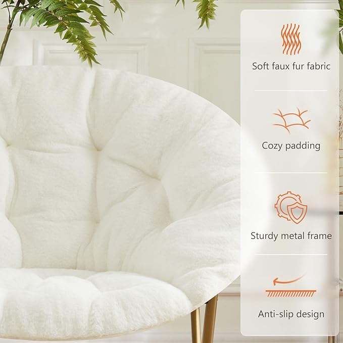 Sweetcrispy Comfy Saucer Chairs Faux Fur Lounge for Bedroom Living Room Flexible Folding Seating for Kids Teens Adults, Soft Padded and Metal Frame Modern for Home Office, X-Large White - LeafyLoom