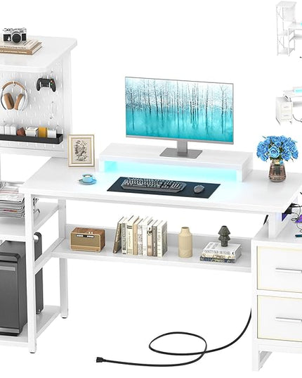 Computer Desk with 2 Fabric Drawers - Reversible Home Office Desk with Power Outlet & LED Lights, 53" Writing Desk with Monitor Stand & Storage Shelves, Gaming Desk Study Table with Pegboard, White - LeafyLoom