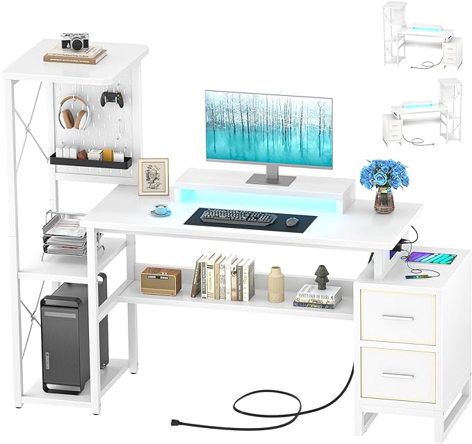 Computer Desk with 2 Fabric Drawers - Reversible Home Office Desk with Power Outlet & LED Lights, 53" Writing Desk with Monitor Stand & Storage Shelves, Gaming Desk Study Table with Pegboard, White - LeafyLoom