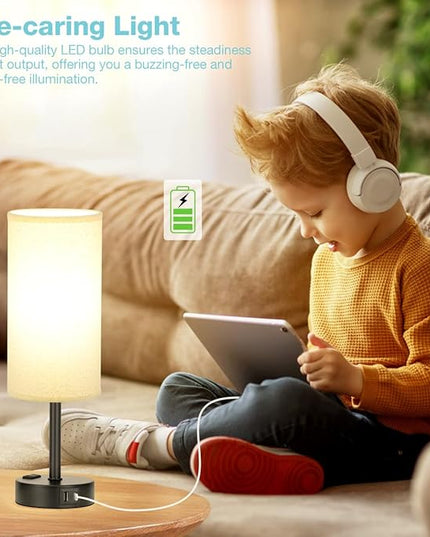 Beige Touch Table Lamp for Bedroom - 3 Way Dimmable Bedside Lamp USB C Charging Ports and AC Outlet, Small Lamp with Fabric Shade Black Base for Living Room, Office Desk, LED Bulb Included - LeafyLoom
