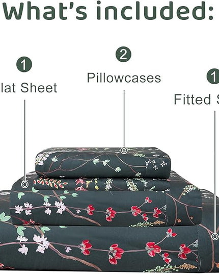 QSH Floral Egyptian Cotton Sheets Queen Size - Elegant Navy Botanical Pattern Printed Bedding Sheets Queen Size Bed Extra Soft and Breathable 4pcs Deep Pockets Bed Sheets - LeafyLoom