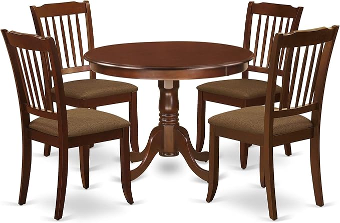 East West Furniture HLDA5-MAH-C 5 Piece Kitchen Table Set for 4 Includes a Round Dining Room Table with Pedestal and 4 Linen Fabric Upholstered Dining Chairs, 42x42 Inch, Mahogany - LeafyLoom