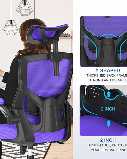 𝑯𝑶𝑴𝑬 𝑶𝑭𝑭𝑰𝑪𝑬 𝑪𝑯𝑨𝑰𝑹, Ergonomic Mesh Desk Chair, High Back Computer Chair- Adjustable Headrest with Flip-Up Arms, Lumbar Support, Swivel Executive Task Chair (Modern, Blue Violet) - LeafyLoom