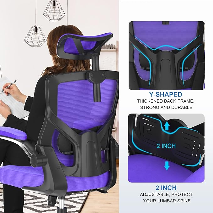𝑯𝑶𝑴𝑬 𝑶𝑭𝑭𝑰𝑪𝑬 𝑪𝑯𝑨𝑰𝑹, Ergonomic Mesh Desk Chair, High Back Computer Chair- Adjustable Headrest with Flip-Up Arms, Lumbar Support, Swivel Executive Task Chair (Modern, Blue Violet) - LeafyLoom