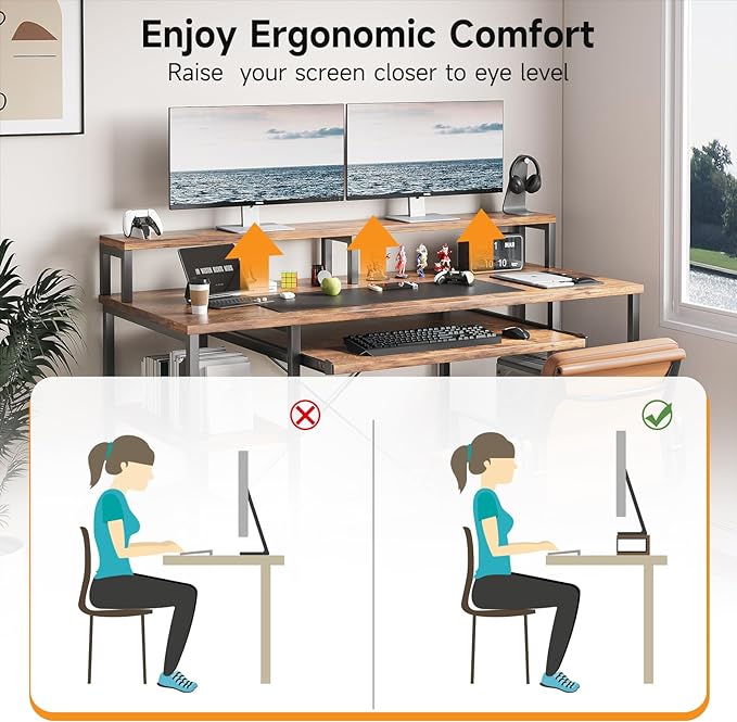 VERMESS Computer Desk, 48 Inch Home Office Desk, Gaming Desk with Keyboard Tray, Full Monitor Stand, Storage Shelves, CPU Stand Shelf, 47" Study Table Wide Writing Desk for 2 Monitors, Rustic Brown - LeafyLoom