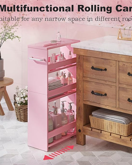 MARTY Rolling Storage Cart 7.9" W, Pink 4-Tier Wood Slim Kitchen Cart on Wheels, Laundry Room Organization with Handle Mobile Bookshelf Utility Cart Trolley for Kitchen Bathroom - LeafyLoom