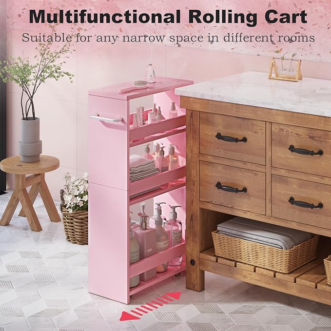 MARTY Rolling Storage Cart 7.9" W, Pink 4-Tier Wood Slim Kitchen Cart on Wheels, Laundry Room Organization with Handle Mobile Bookshelf Utility Cart Trolley for Kitchen Bathroom - LeafyLoom