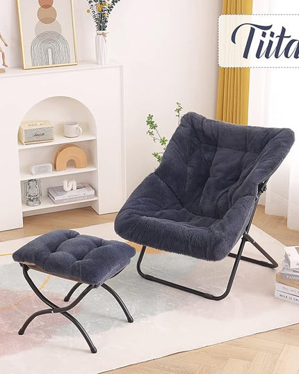 Tiita Saucer Chair with Ottoman, Soft Faux Fur Oversized Folding Accent Chair,Lounge Lazy Chair, Metal Frame Moon Chair for Bedroom, Living Room, Dorm Rooms, Garden and Courtyard - LeafyLoom