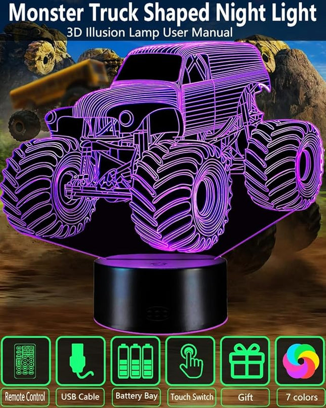 Monster Trucks Night Light for Boys 3D LED Lamp, Home Decor Lighting for Kids Room, Perfect Kids Room Decor, Inspired by The Iconic Grave Digger Monster Truck, Ideal Gift for Kids Fans - LeafyLoom