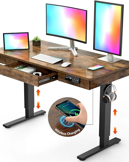 Electric Standing Desk with Drawer,48 x 24 Inches Standing Desk Adjustable Height Desk with 12W Wireless Charging,One-Piece Wooden Desktop Sit Stand Up Desk, Memory Home Office Desks - LeafyLoom