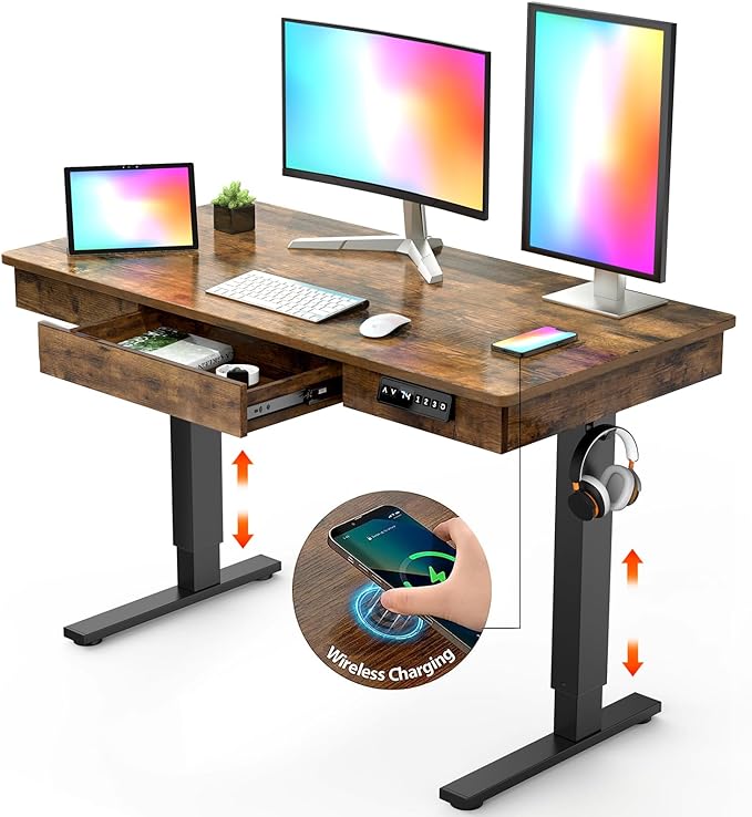 Electric Standing Desk with Drawer,48 x 24 Inches Standing Desk Adjustable Height Desk with 12W Wireless Charging,One-Piece Wooden Desktop Sit Stand Up Desk, Memory Home Office Desks - LeafyLoom