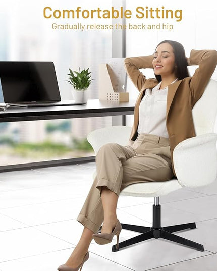 Home Office Chair, Upholstered Linen Fabric Padded Mid Back Accent Chair, Computer Desk Chairs Ergonomic No Wheels Stylish Swivel Adjustable Vanity Chair with Armrests, Beige - LeafyLoom
