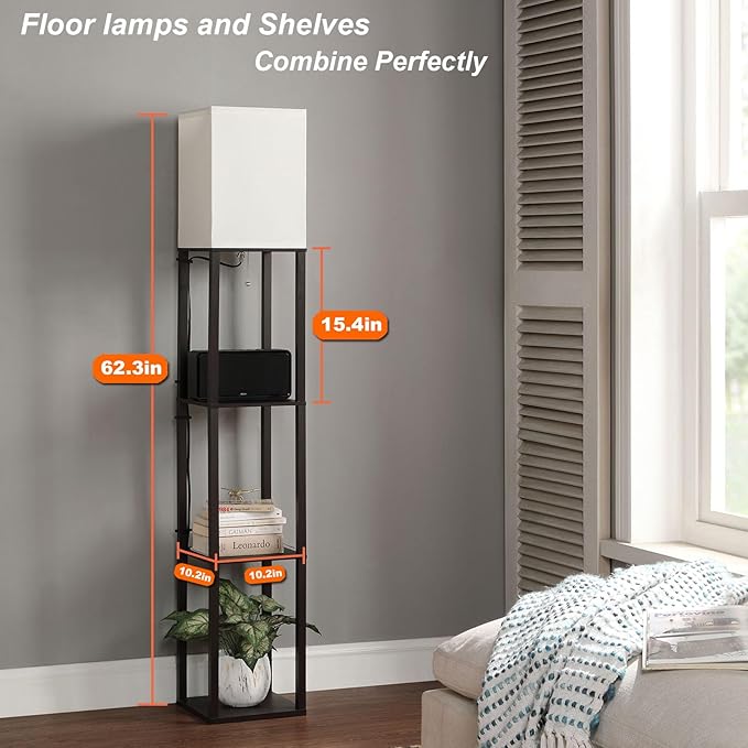 Floor Lamp with Shelves, Shelf Floor Lamps for Living Room with 3CCT LED Bulb, Modern Corner Square Display Standing Lamp with 4-Tier Tall Bookshelf Lamp for Bedroom Office - LeafyLoom