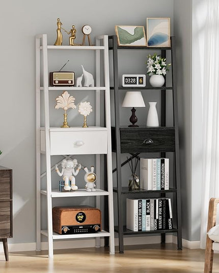 Furologee 5 Tier BookShelf, Ladder Shelf with Drawer, Tall Bookcase Corner Shelf, Narrow Shelf Industrial Display Standing Units for Home Office, Living Room, Bedroom, Kitchen, White - LeafyLoom
