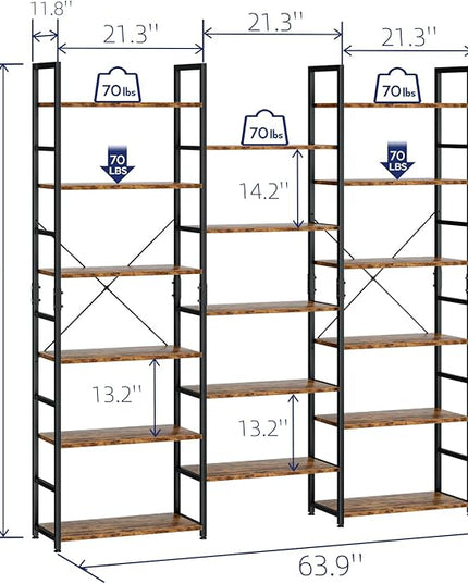 NUMENN Triple Wide 6 Tier Bookshelf, Rustic Industrial Style Bookcases and Bookshelves with 17 Open Display Shelves, Modern Tall Bookcase Furniture for Bedroom, Living Room and Home Office, Vintage - LeafyLoom