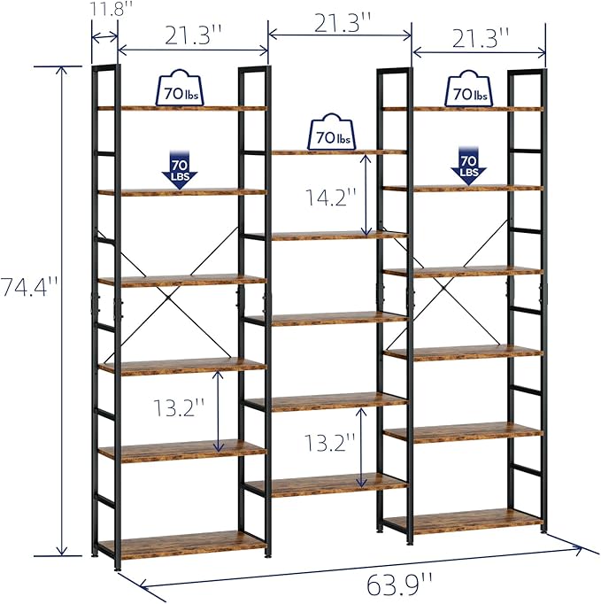 NUMENN Triple Wide 6 Tier Bookshelf, Rustic Industrial Style Bookcases and Bookshelves with 17 Open Display Shelves, Modern Tall Bookcase Furniture for Bedroom, Living Room and Home Office, Vintage - LeafyLoom