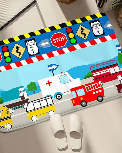 Cartoon Ambulance Car Area Rug Car Carpet for Kids Play Rug for Cars and Trucks Car Rug Play Mat Car Track Rug Truck Rugs for Boys Room Rugs for Boys Bedroom,Light Blue 2'×3' - LeafyLoom