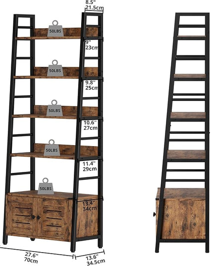 IRONCK Bookshelf with Louvered Doors, 4-tier Ladder Shelf with Cabinet Industrial Accent Furniture for Bedroom Living Room Home Office, Rustic Brown - LeafyLoom