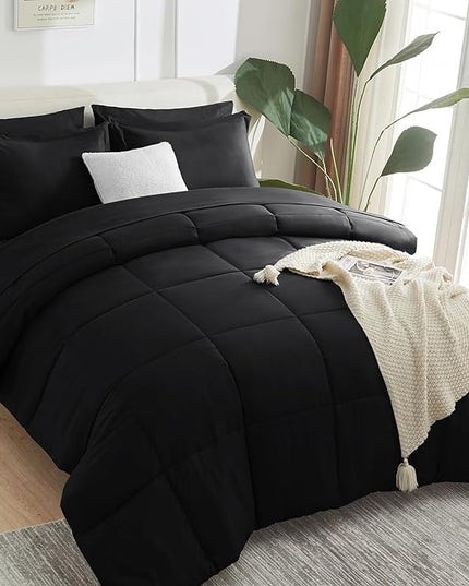 CozyLux Full Size Comforter Sets - 7 Pieces Bed in a Bag Set Black Full, Complete Bedding Sets Bed Set for All Season with Comforter, Flat Sheets, Fitted Sheet, Pillowcases & Shams - LeafyLoom