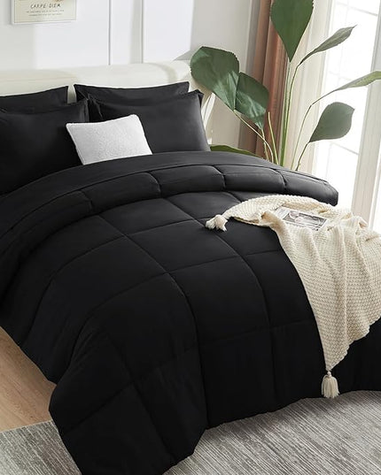 CozyLux King Size Comforter Set - 7 Pieces Bed in a Bag Set Black King, Complete Bedding Sets Bed Set for All Season with Comforter, Flat Sheets, Fitted Sheet, Pillowcases & Shams - LeafyLoom
