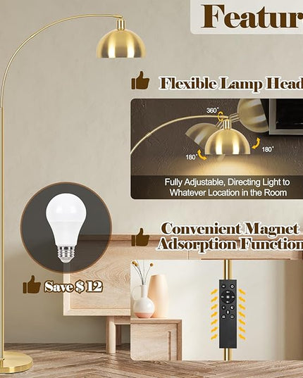 【Upgraded】 Arc Floor Lamps for Living Room - Stepless Dimmable Gold Tall Lamp with Remote Control & Color Temperature 9W LED Bulb, Over Couch Arched Reading Standing Lamp for Bedroom Brass - LeafyLoom