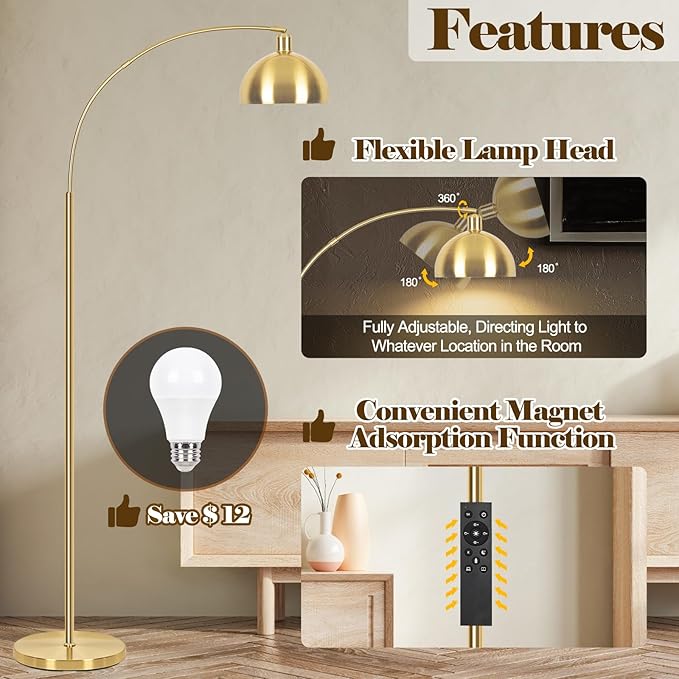 【Upgraded】 Arc Floor Lamps for Living Room - Stepless Dimmable Gold Tall Lamp with Remote Control & Color Temperature 9W LED Bulb, Over Couch Arched Reading Standing Lamp for Bedroom Brass - LeafyLoom