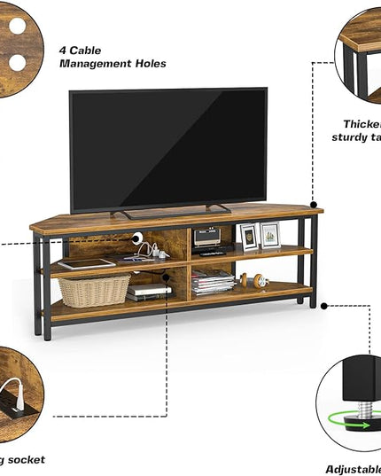 Unikito 55'' Corner TV Stand with Power Outlet, Corner Entertainment Center TV Console Table with 4 Open Storage Shelves, Metal Frame for Living Room, Bedroom, Industrial 60'' Corner TV Stand, Rustic - LeafyLoom