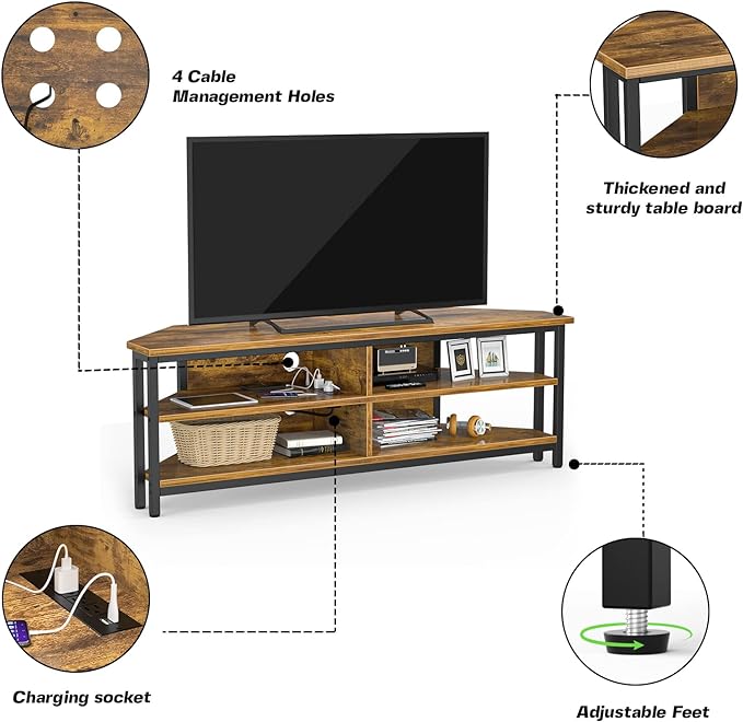 Unikito 55'' Corner TV Stand with Power Outlet, Corner Entertainment Center TV Console Table with 4 Open Storage Shelves, Metal Frame for Living Room, Bedroom, Industrial 60'' Corner TV Stand, Rustic - LeafyLoom