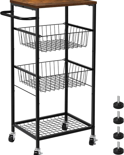 NORCEESAN Rolling Storage Cart 4 Tier Kitchen Cart on Wheels Metal Mobile Utility Cart with Storage Basket Shelf Bathroom Organizer Cart with Handle Pantry Trolley Cart with Tabletop for Home Office - LeafyLoom