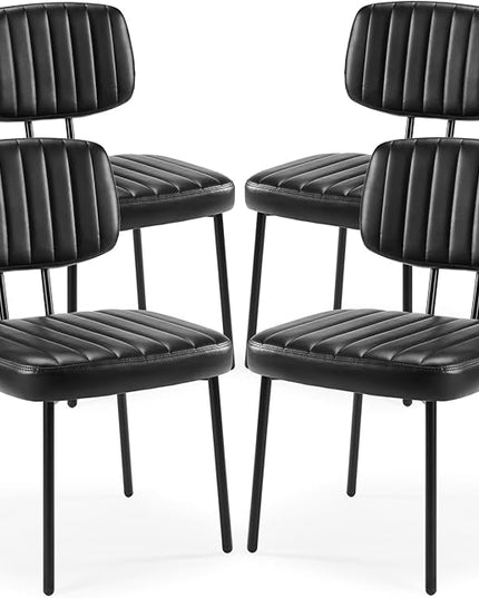 Sweetcrispy Dining Chairs Set of 4, Upholstered Mid Century Modern Kitchen Dining Room Accent Chairs with Faux Leather Cushion Seat & Metal Legs for Kitchen, Living Room - Black - LeafyLoom