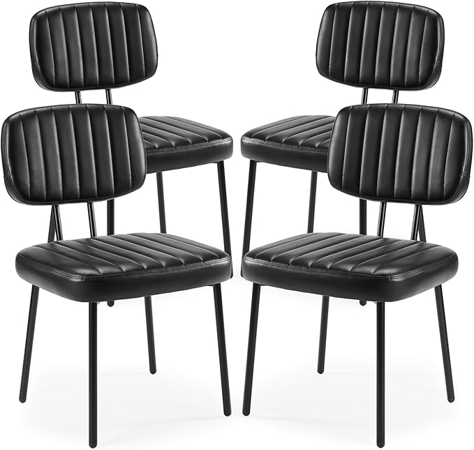 Sweetcrispy Dining Chairs Set of 4, Upholstered Mid Century Modern Kitchen Dining Room Accent Chairs with Faux Leather Cushion Seat & Metal Legs for Kitchen, Living Room - Black - LeafyLoom