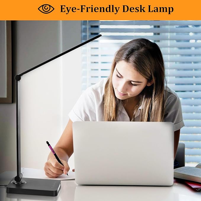 LED Desk Lamp with USB Ports,Touch Desk Lamps for Home Office with 5 Color Modes,3 Brightness Desk Light with Small Night Light,Reading Lamp Table Lamp for Bedroom Bedside Study Black （with adapter） - LeafyLoom