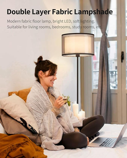 KDG Modern Floor Lamp for Living Room, Tall Standing Floor Lamp Corner Lighting, Fabric Lampshade LED Bulb Bright Pole Light, High Light for Bedroom, Reading, Office, Study Room, Warm Light(Black) - LeafyLoom