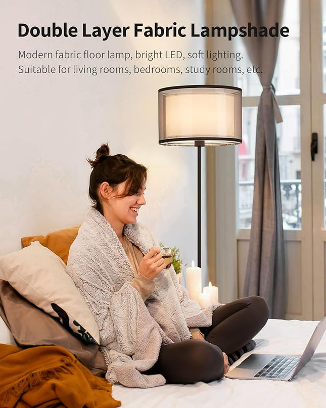 KDG Modern Floor Lamp for Living Room, Tall Standing Floor Lamp Corner Lighting, Fabric Lampshade LED Bulb Bright Pole Light, High Light for Bedroom, Reading, Office, Study Room, Warm Light(Black) - LeafyLoom