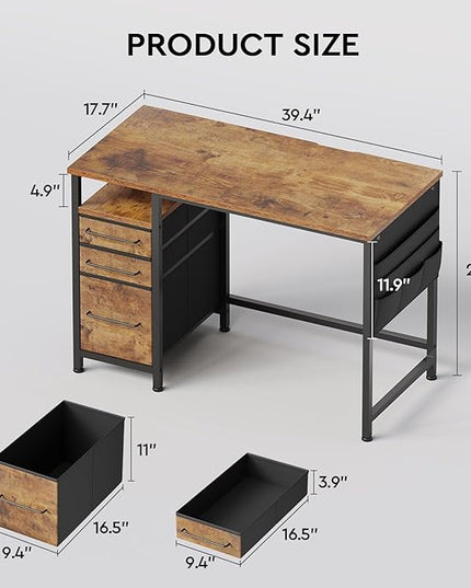 Ｍａｉｈａｉｌ Maihail Small Desk with Drawers, 40 inch Computer Desk with Shelves, Writing Desk with Storage, Small Office Desk with Metal Frame, Rustic Brown2 - LeafyLoom