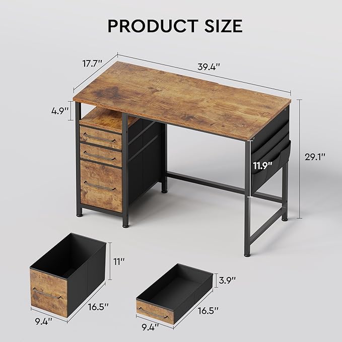 Ｍａｉｈａｉｌ Maihail Small Desk with Drawers, 40 inch Computer Desk with Shelves, Writing Desk with Storage, Small Office Desk with Metal Frame, Rustic Brown2 - LeafyLoom