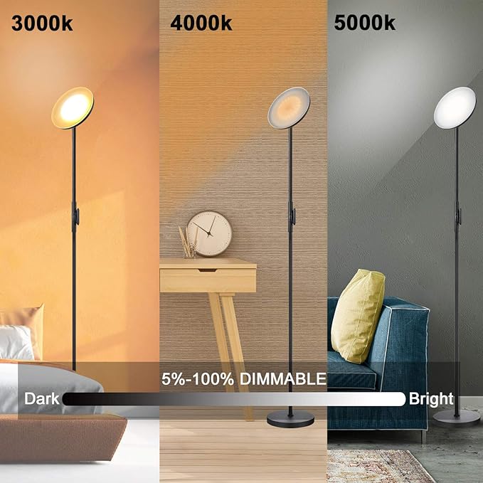 JOOFO Floor Lamp,30W/2400LM Sky LED Modern Torchiere 3 Color Temperatures Super Bright-Tall Standing Pole Light with Remote & Touch Control for Living Room,Bed Room,Office (Black) - LeafyLoom