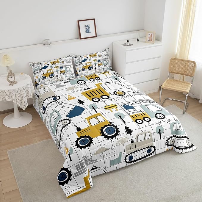 Feelyou Construction Comforter Set Full Size Kids Excavator Tractor Toddler Comforter Cartoon Car Equipment Trucks Plaid Grid Comforter Set Construction Vehicles WhiteDuvet Set Quilt Set - LeafyLoom